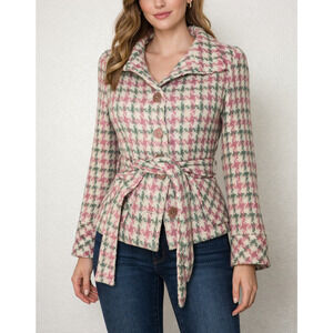 Margaret O'Leary Jacket S Pink Wool Tweed Belt Button Coat Coquette Herringbone